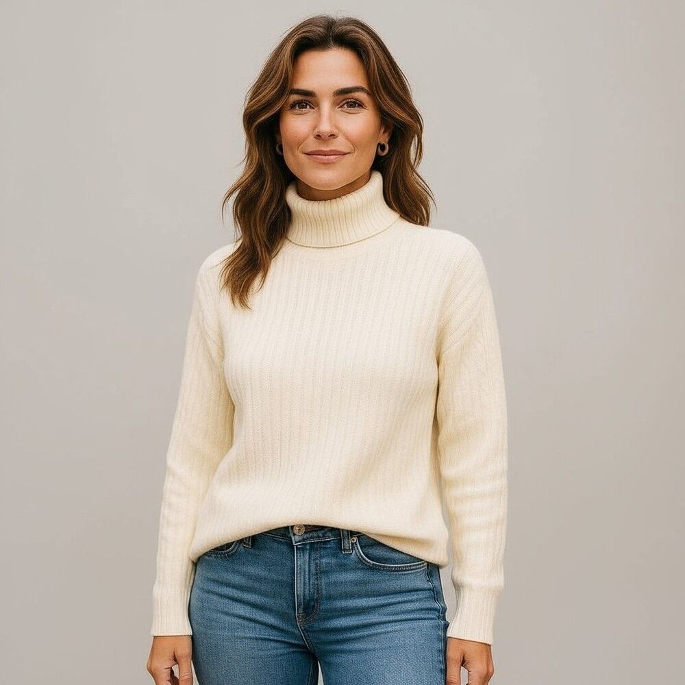Cream Turtleneck Sweater Ribbed Knit Long Sleeve Pullover S, M, L, XL